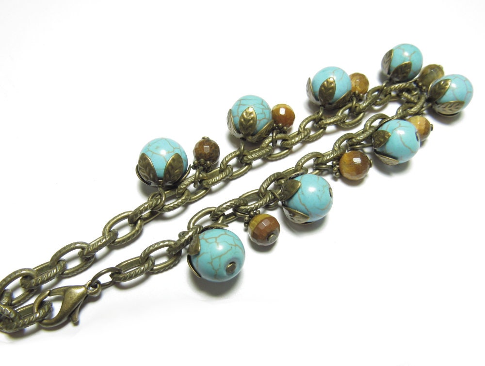OOAK Tigerseye, Turquoise Howlite and Antiqued Brass Bracelet