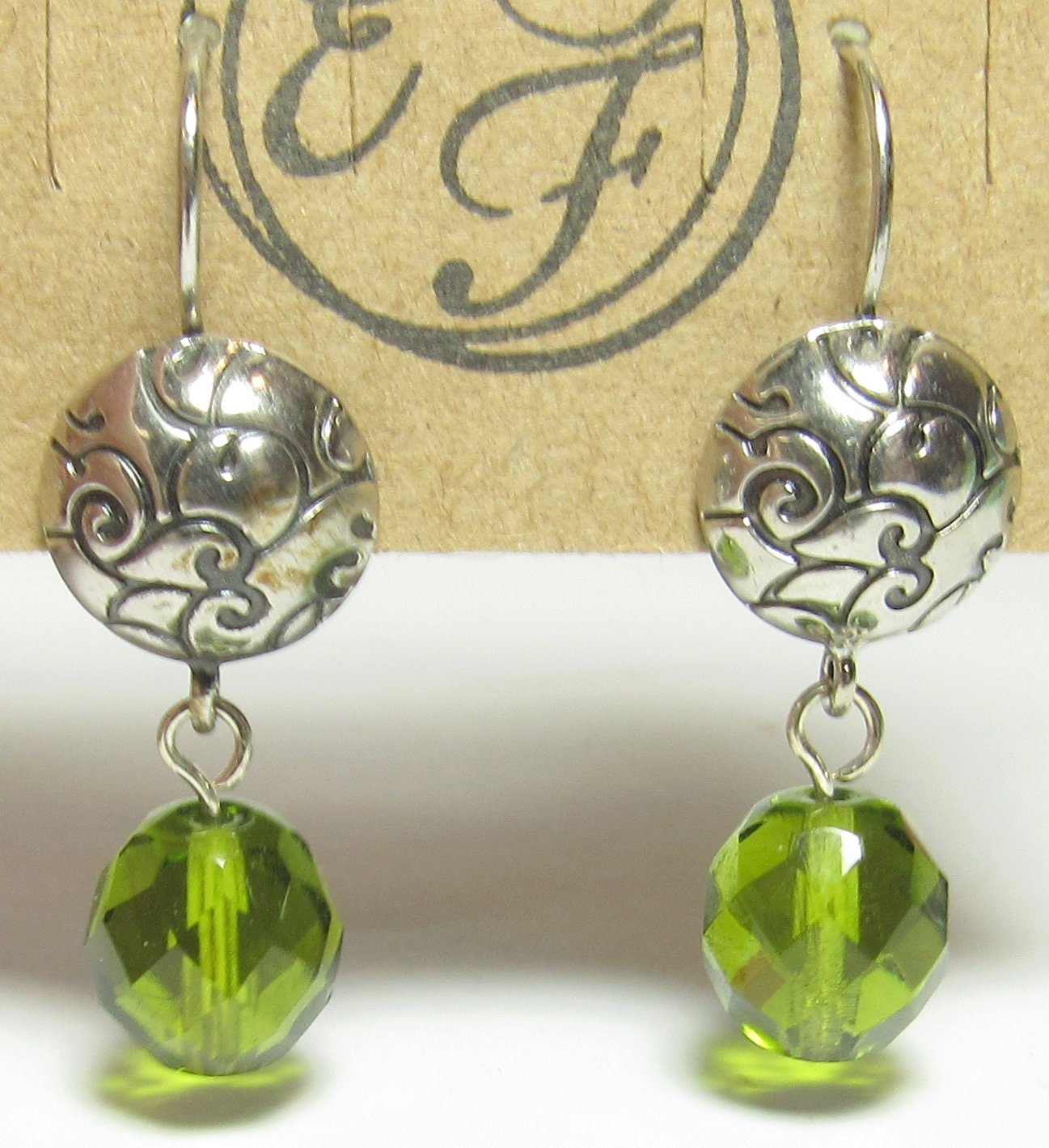 OOAK Embossed Silver Metal and Faceted Green Czech Glass Earrings