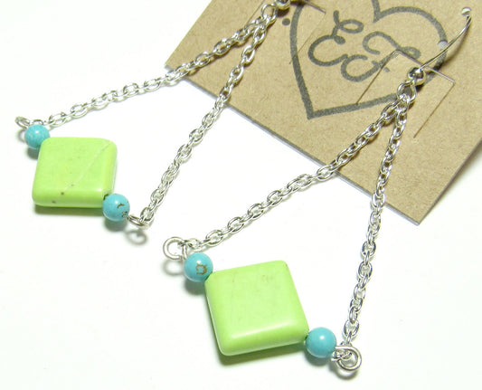 OOAK Apple Green and Blue Turquoise, Silver Chain Geometric Earrings