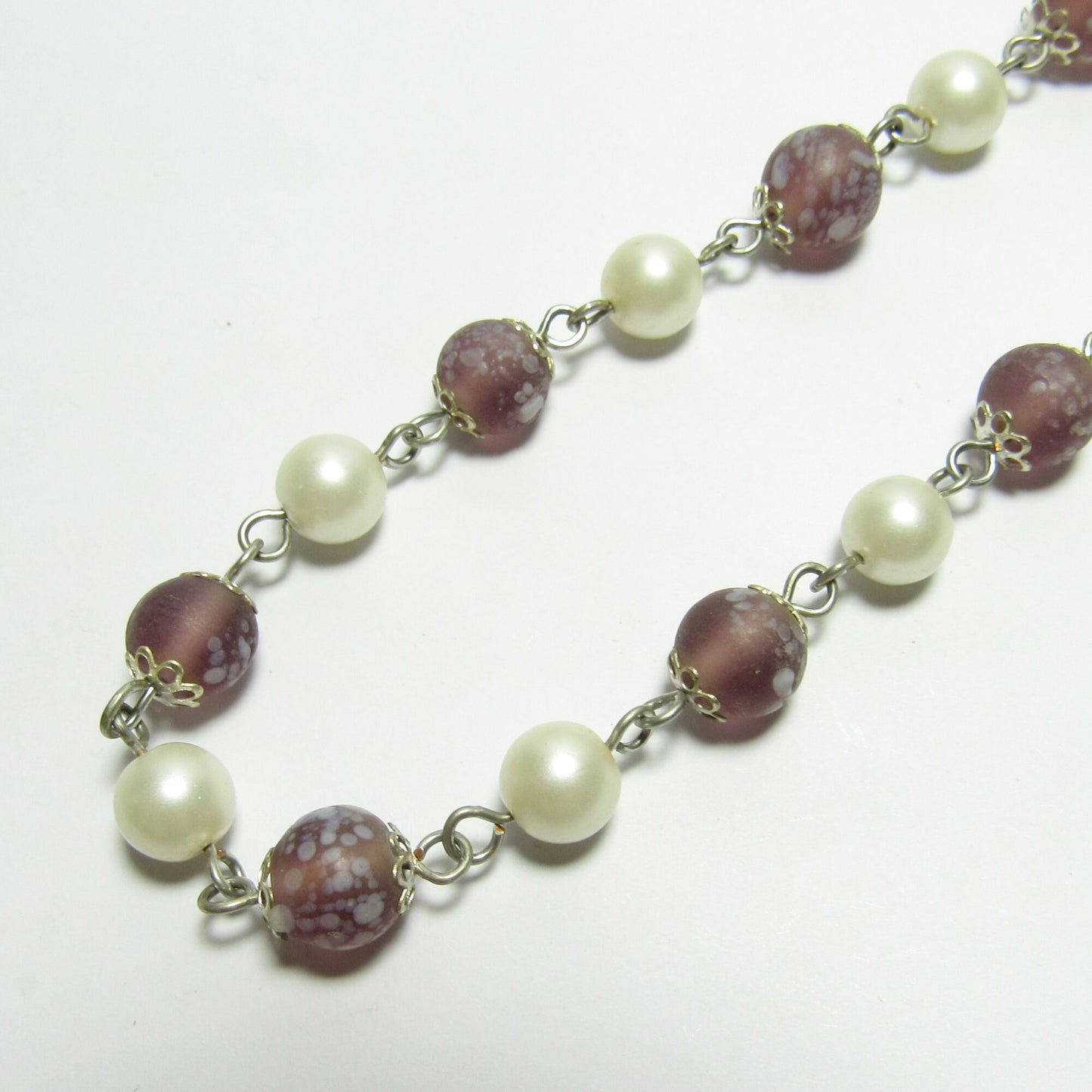 OOAK Speckled Purple and Pearl Czech Glass Beaded Chain Necklace