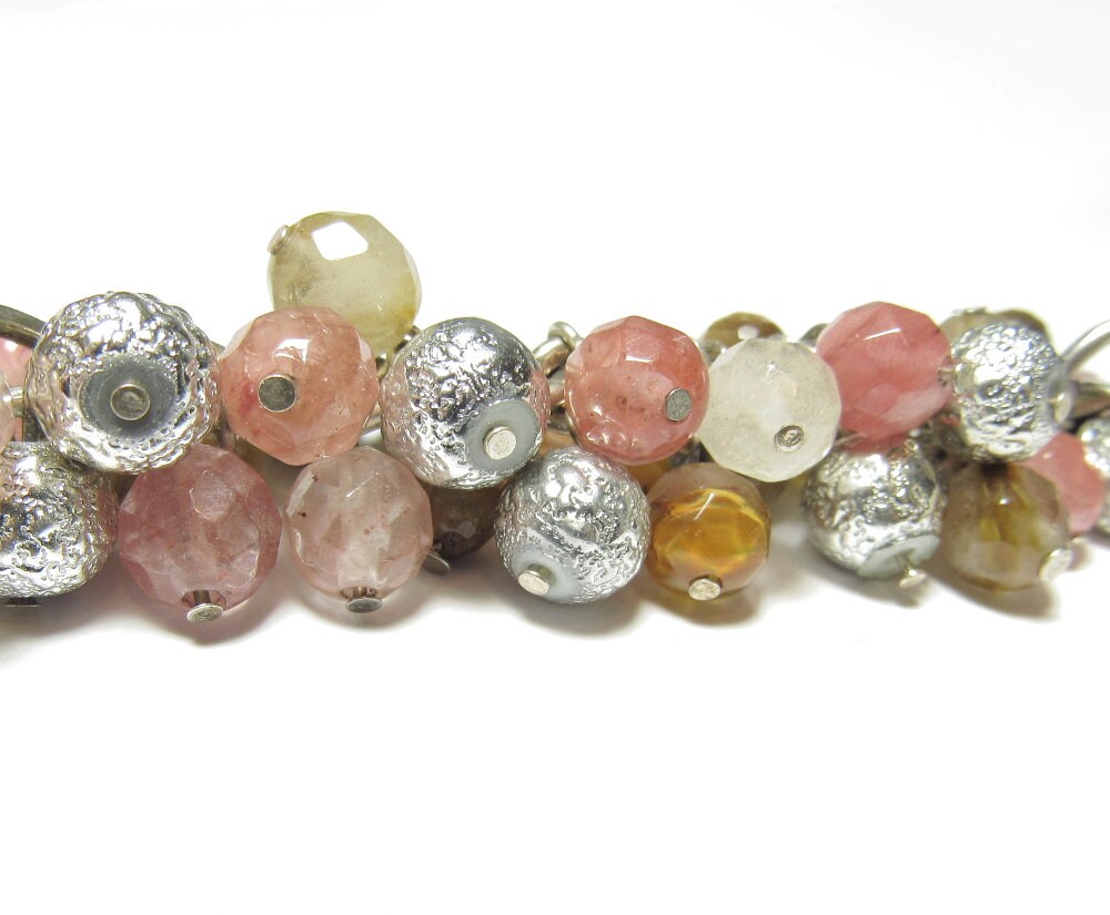 OOAK Cherry Quartz, Tigerseye and Bumpy Silver Czech Glass Cluster Bracelet