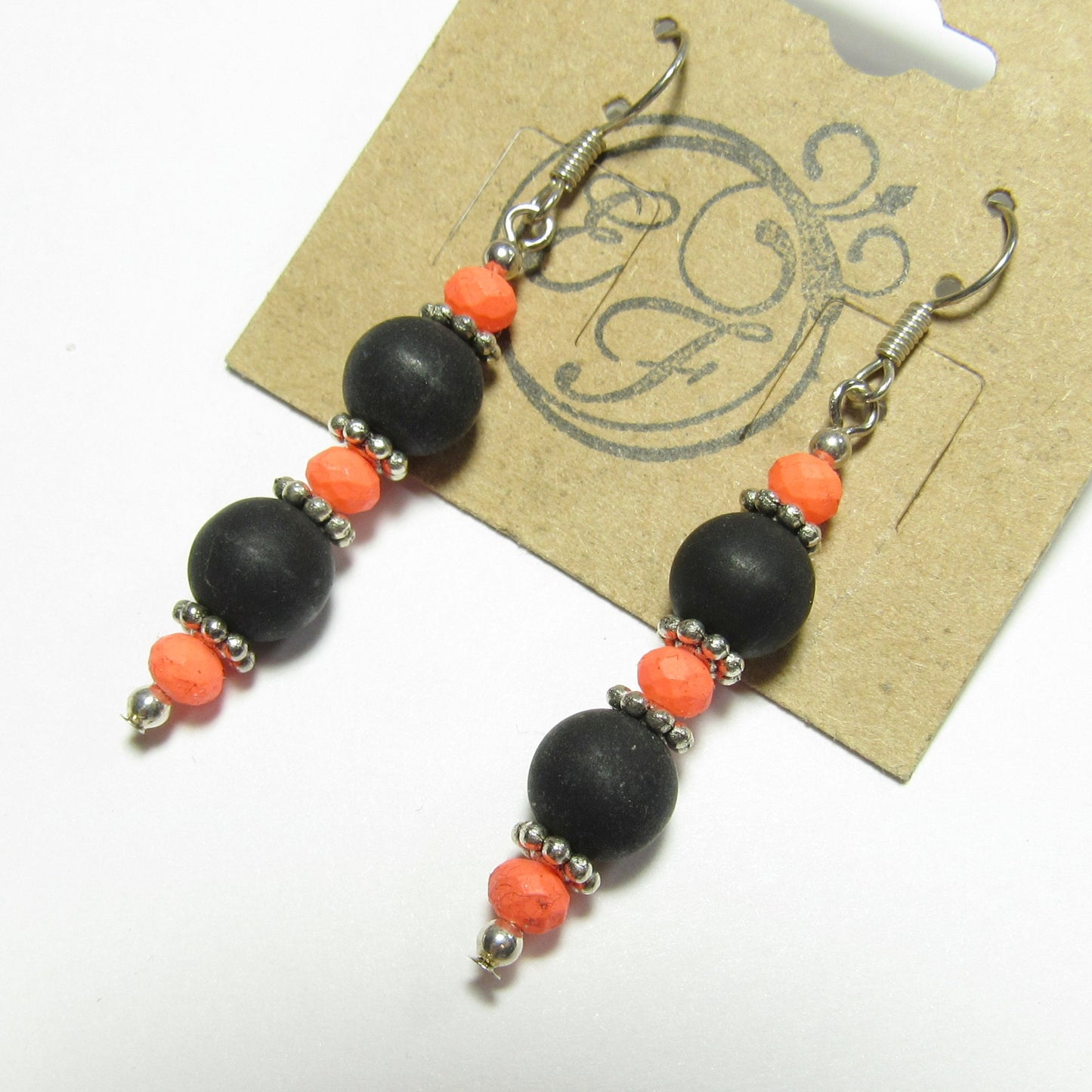 OOAK Neon Orange, Black and Silver Earrings