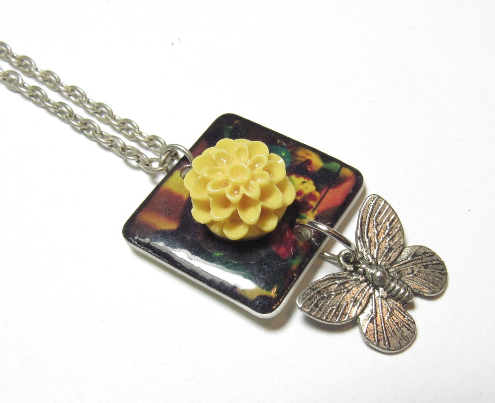 OOAK Yellow Mum and Silver Butterfly Geometric Necklace