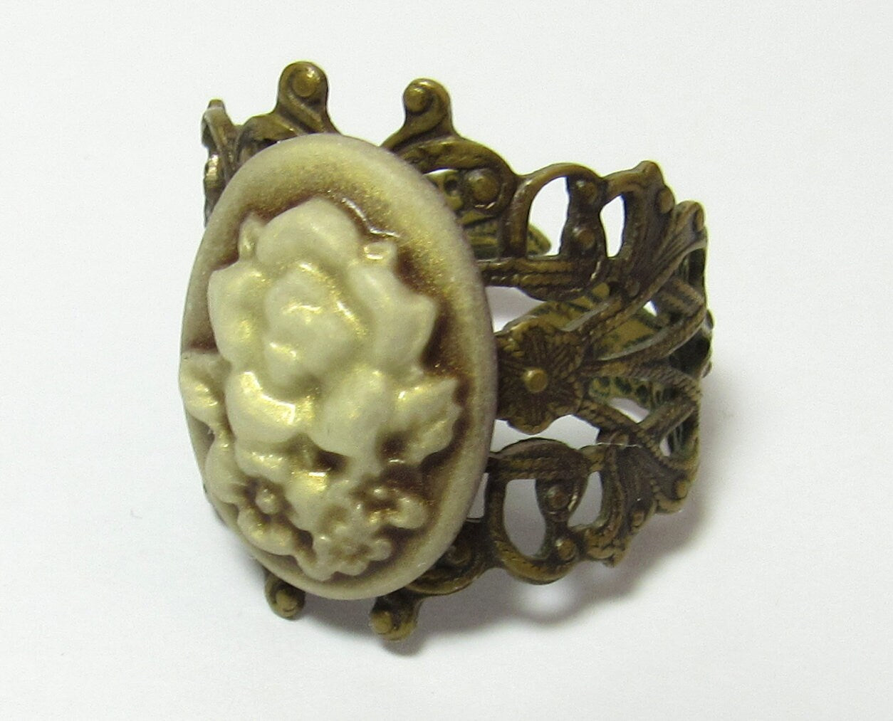 Victorian-Inspired Pearlescent Floral Cameo Antiqued Filigree Brass Adjustable Ring