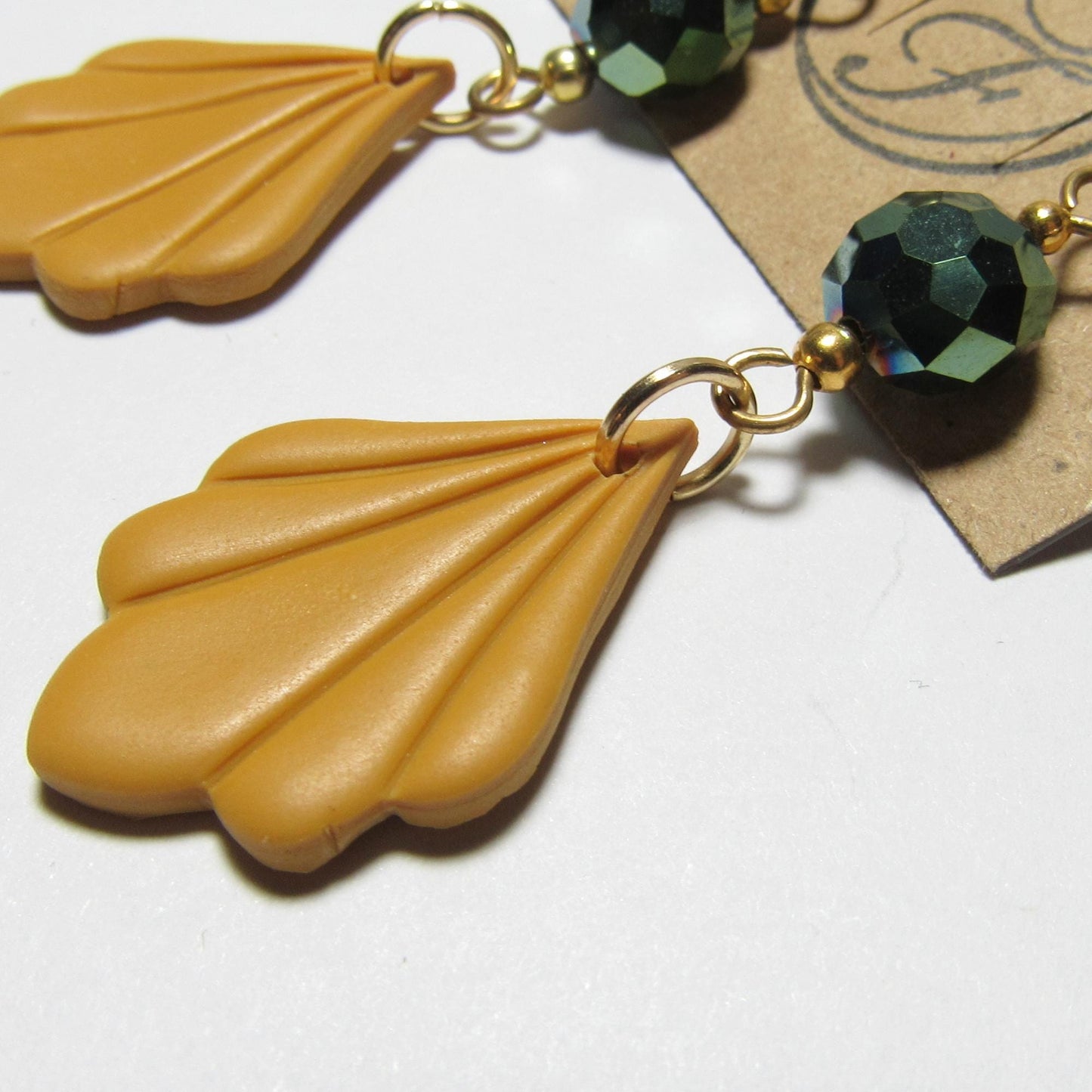 OOAK Yellow Clay and Metallic Green Glass Art Deco Earrings