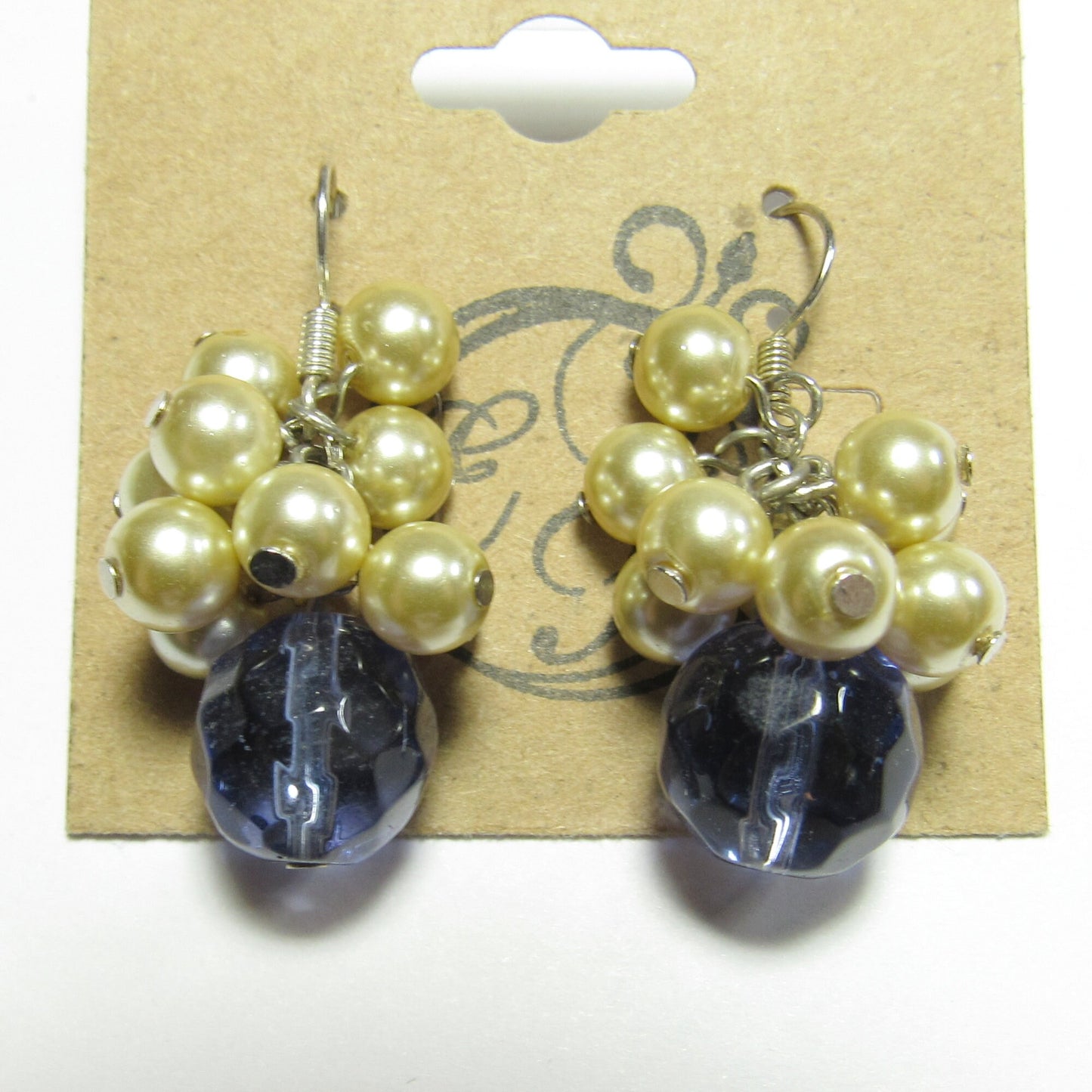 OOAK Blue Czech Glass and Cream White Pearl Cluster Earrings
