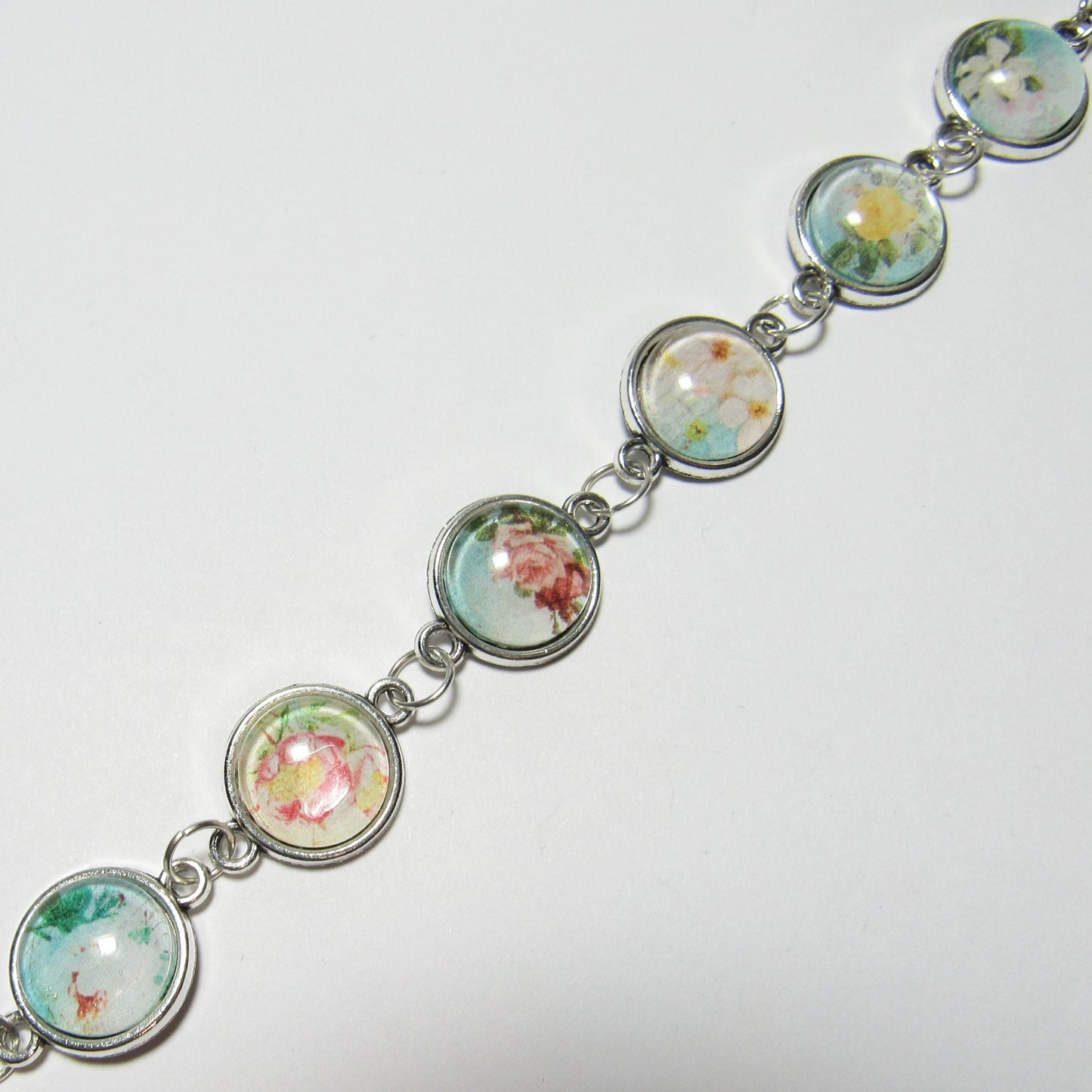 Blue Floral Glass Cabochon Silver Bracelet
