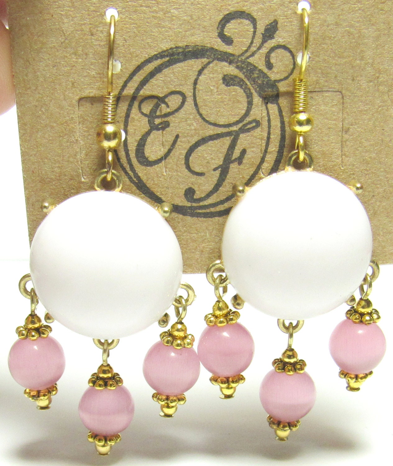 Upcycled White Resin and Pink Catseye Glass Gold Earrings