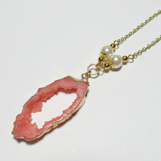 Coral Resin Geode, Czech Glass Pearl and Gold Chain Necklace