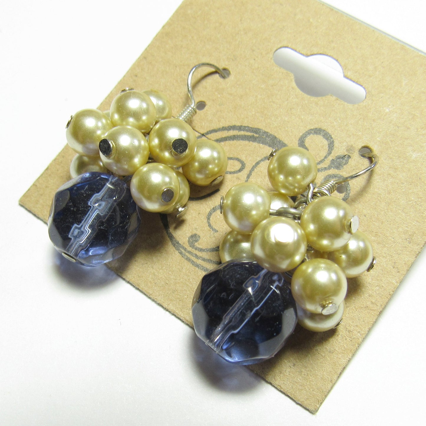 OOAK Blue Czech Glass and Cream White Pearl Cluster Earrings