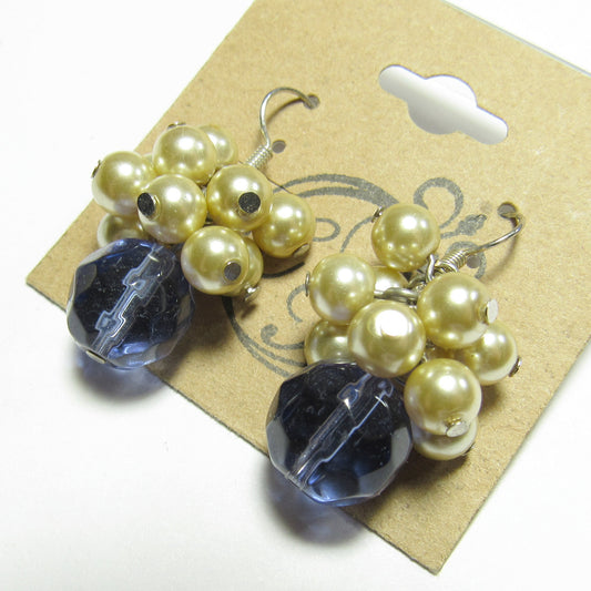 OOAK Blue Czech Glass and Cream White Pearl Cluster Earrings