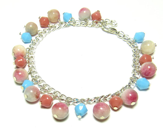 OOAK Pink and Blue Quartz, Crystal and Czech Glass Bracelet