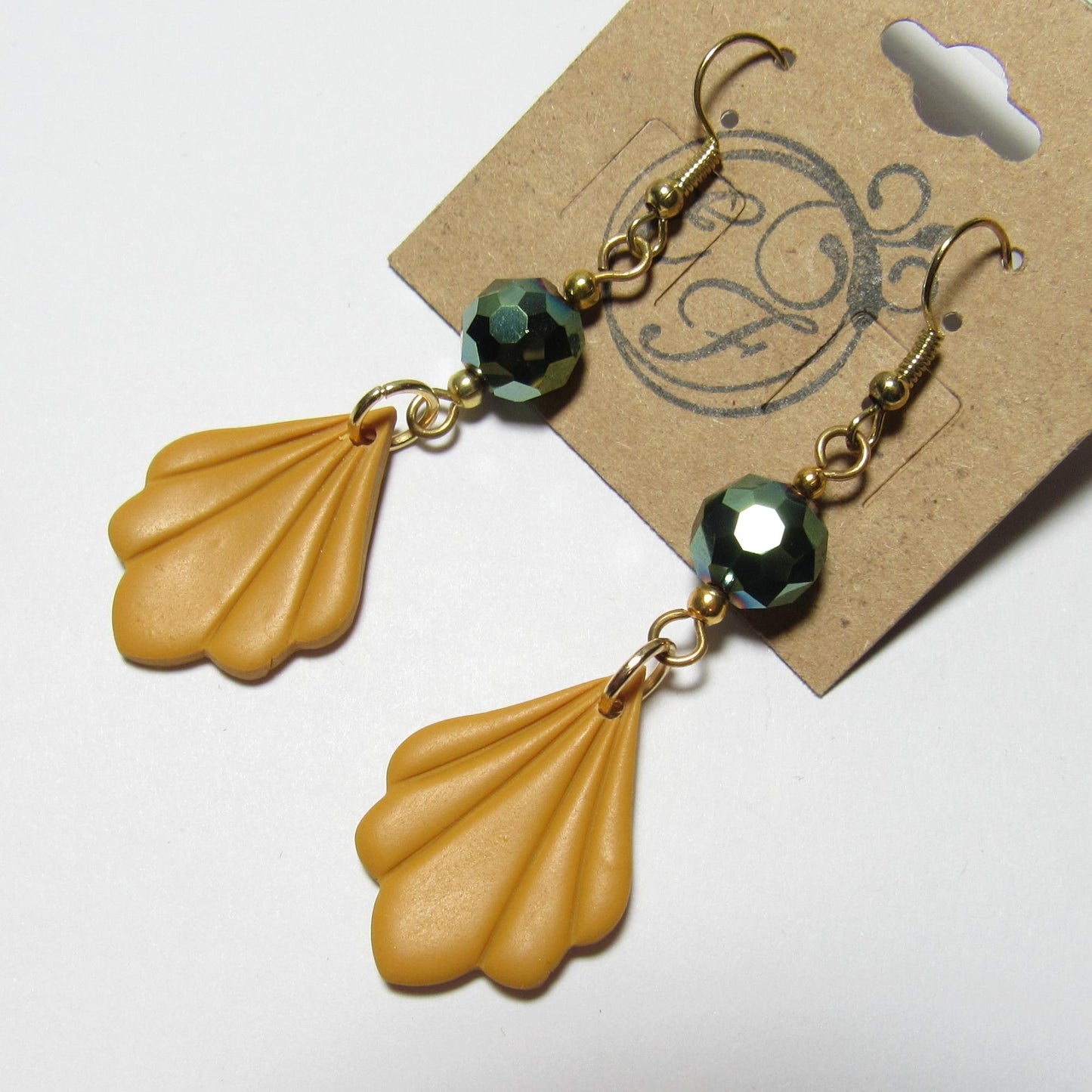 OOAK Yellow Clay and Metallic Green Glass Art Deco Earrings