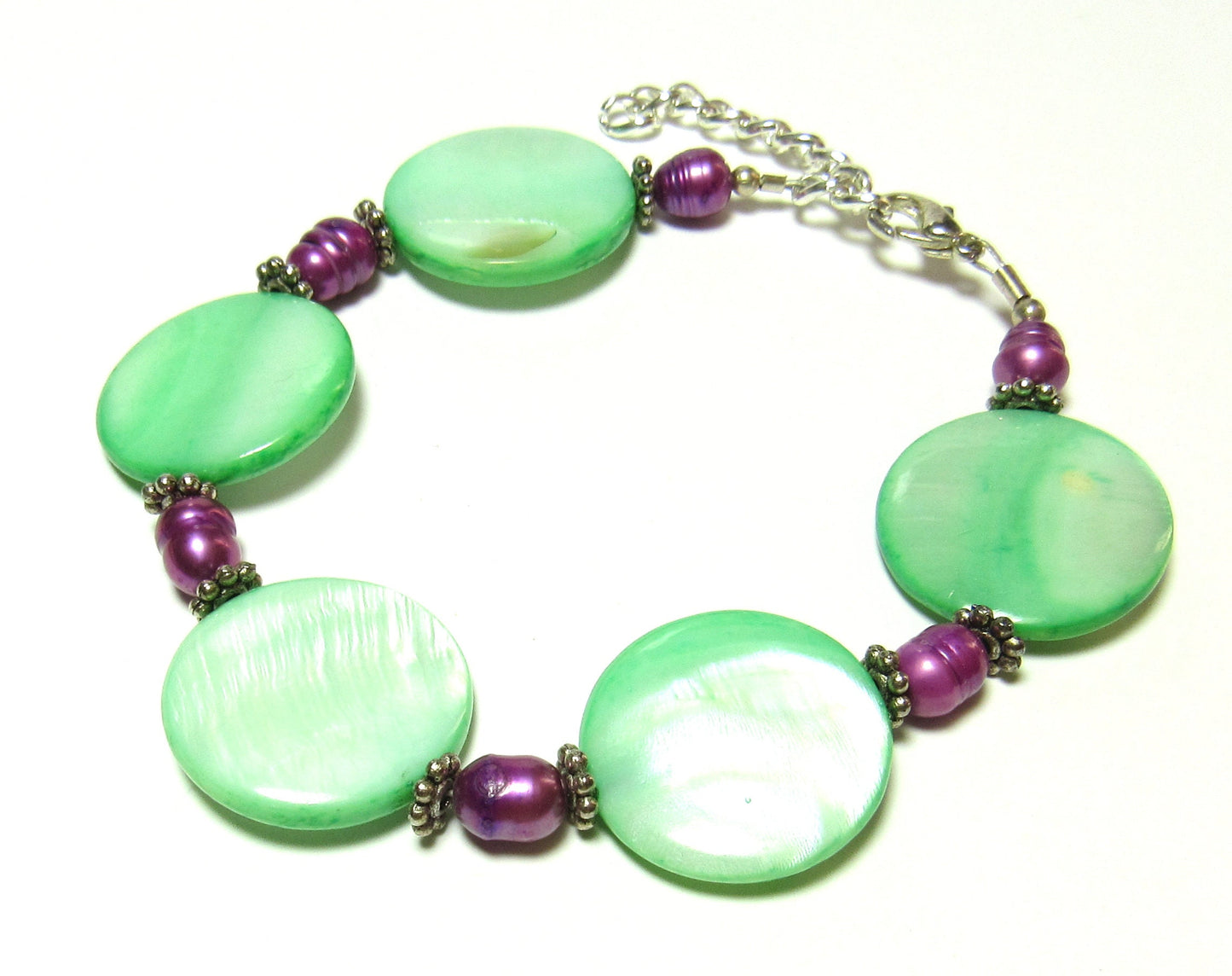 OOAK Green and Magenta Pearl and Mother of Pearl Bracelet