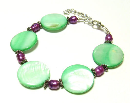 OOAK Green and Magenta Pearl and Mother of Pearl Bracelet