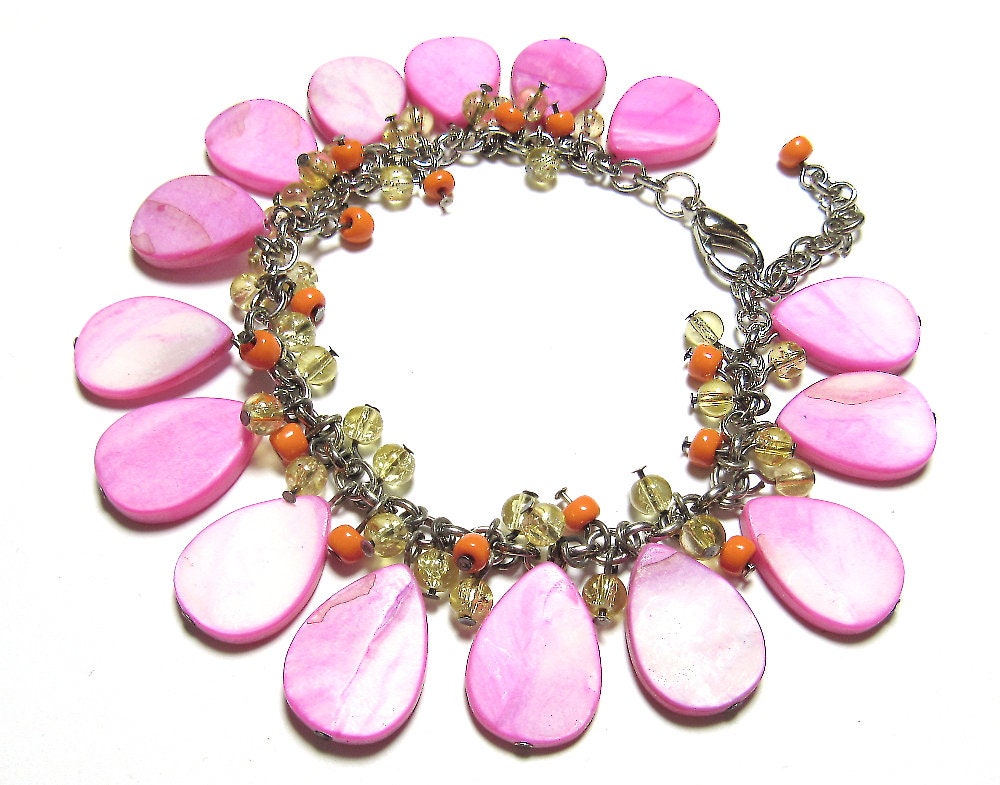 OOAK Hot Pink Mother of Pearl, Orange and Yellow Czech Glass Cluster Bracelet