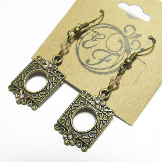 OOAK Pink Crystal and Antiqued Brass Frame Earrings