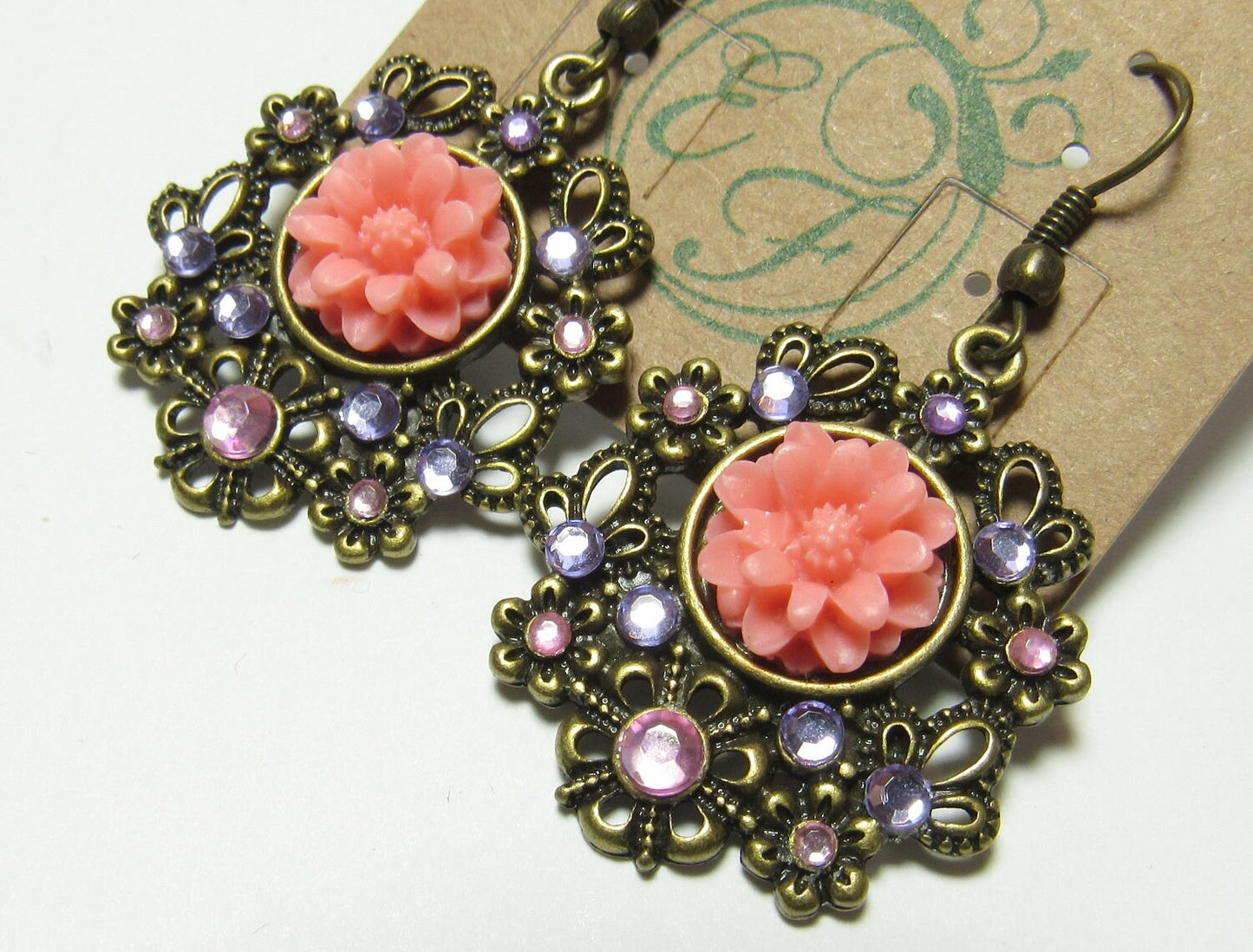OOAK Pink Mum with Rhinestones and Antiqued Brass Filigree Earrings
