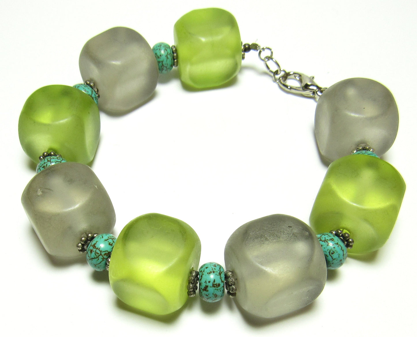 OOAK Turquoise Howlite, Gray and Green Acrylic Cube Geometric Bracelet