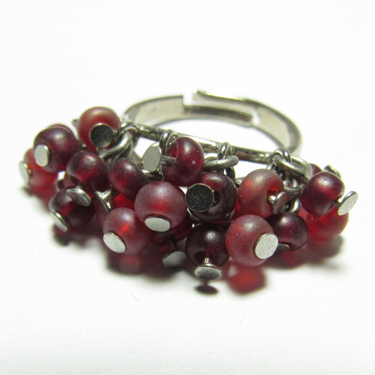 OOAK Maroon Czech Glass and Silver Cluster Adjustable Ring