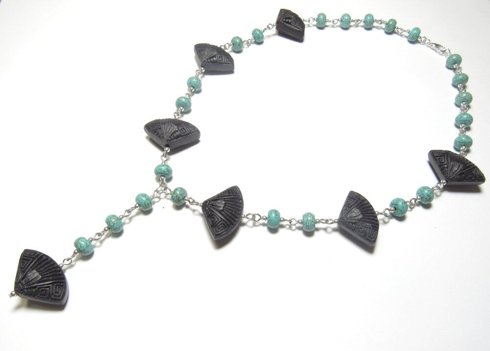 OOAK Synthetic Lava Stone Fan and Turquoise Howlite Necklace