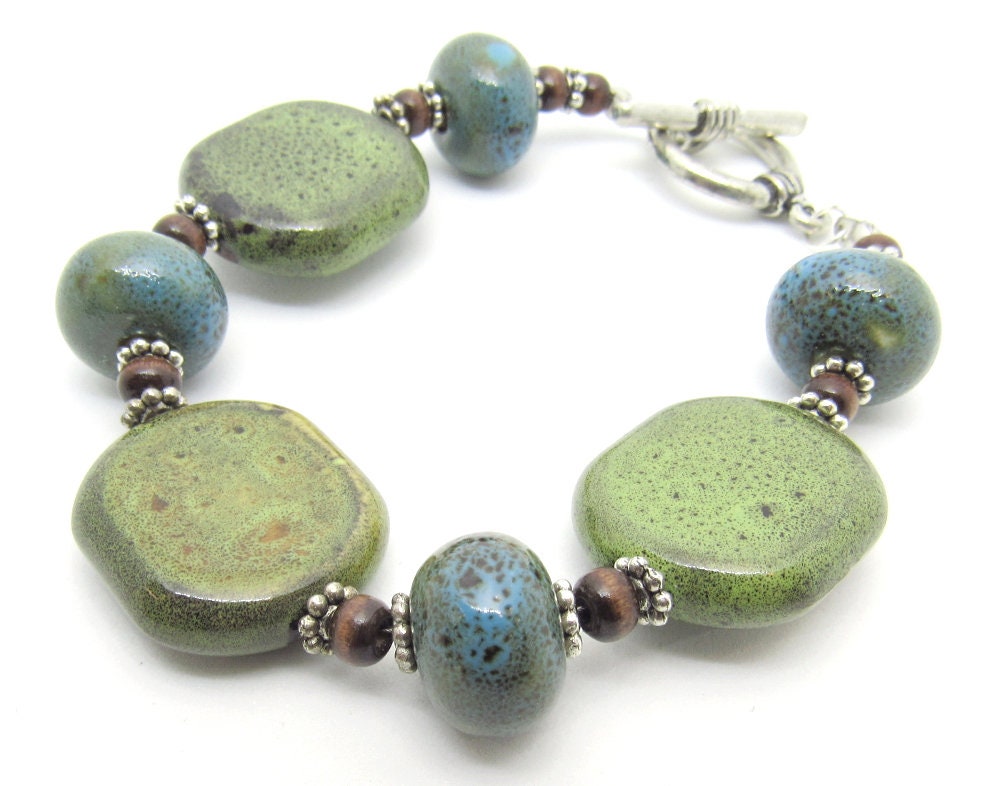 OOAK Green and Turquoise Ceramic, Wood and Silver Bracelet