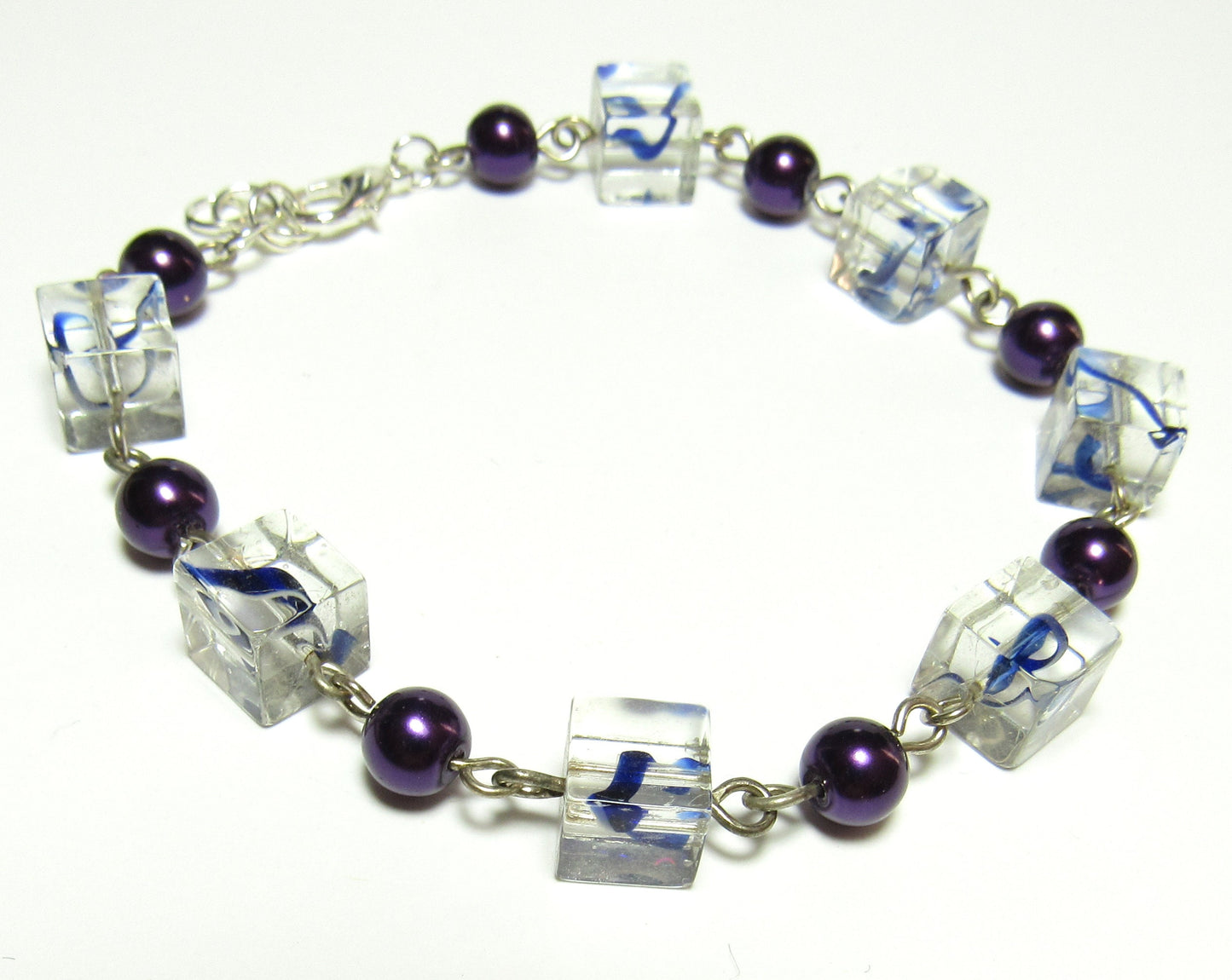 OOAK Blue Swirl Cube and Purple Pearl Czech Glass Bracelet