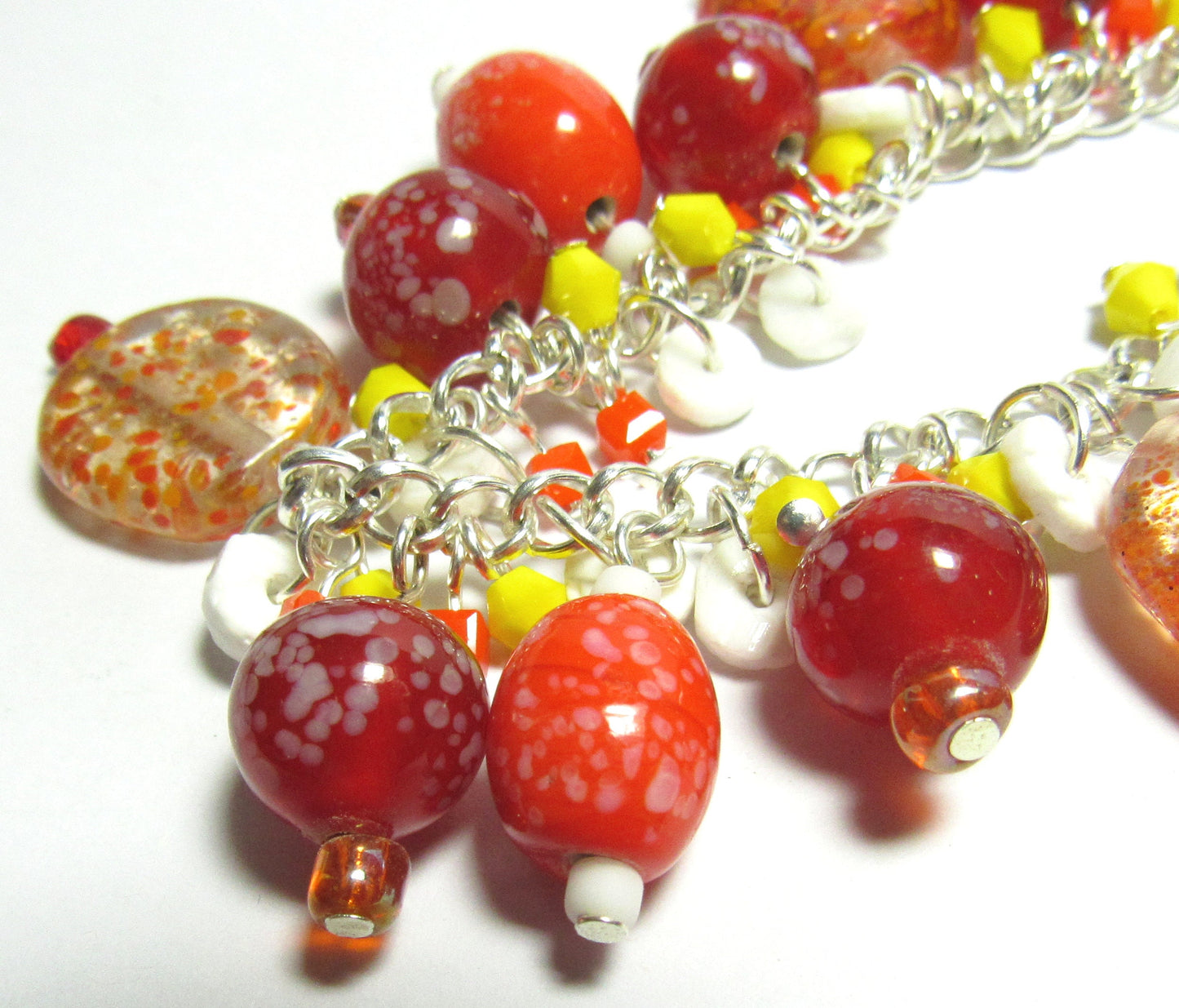 OOAK Orange Yellow and Red Lampwork Glass, Crystal and Shell Cluster Bracelet