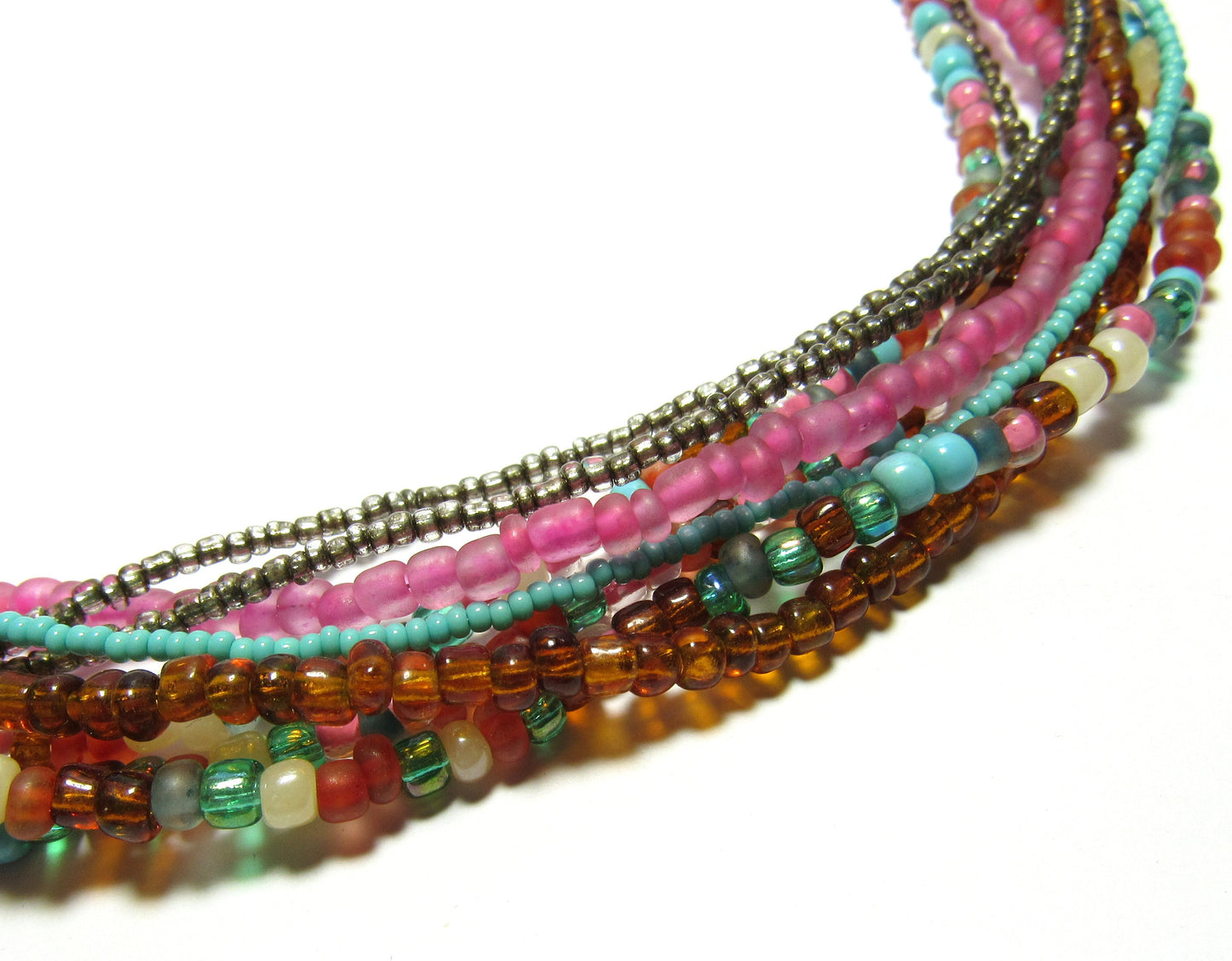 OOAK Pink, Turquoise and Brown Czech Glass Multi Strand Necklace