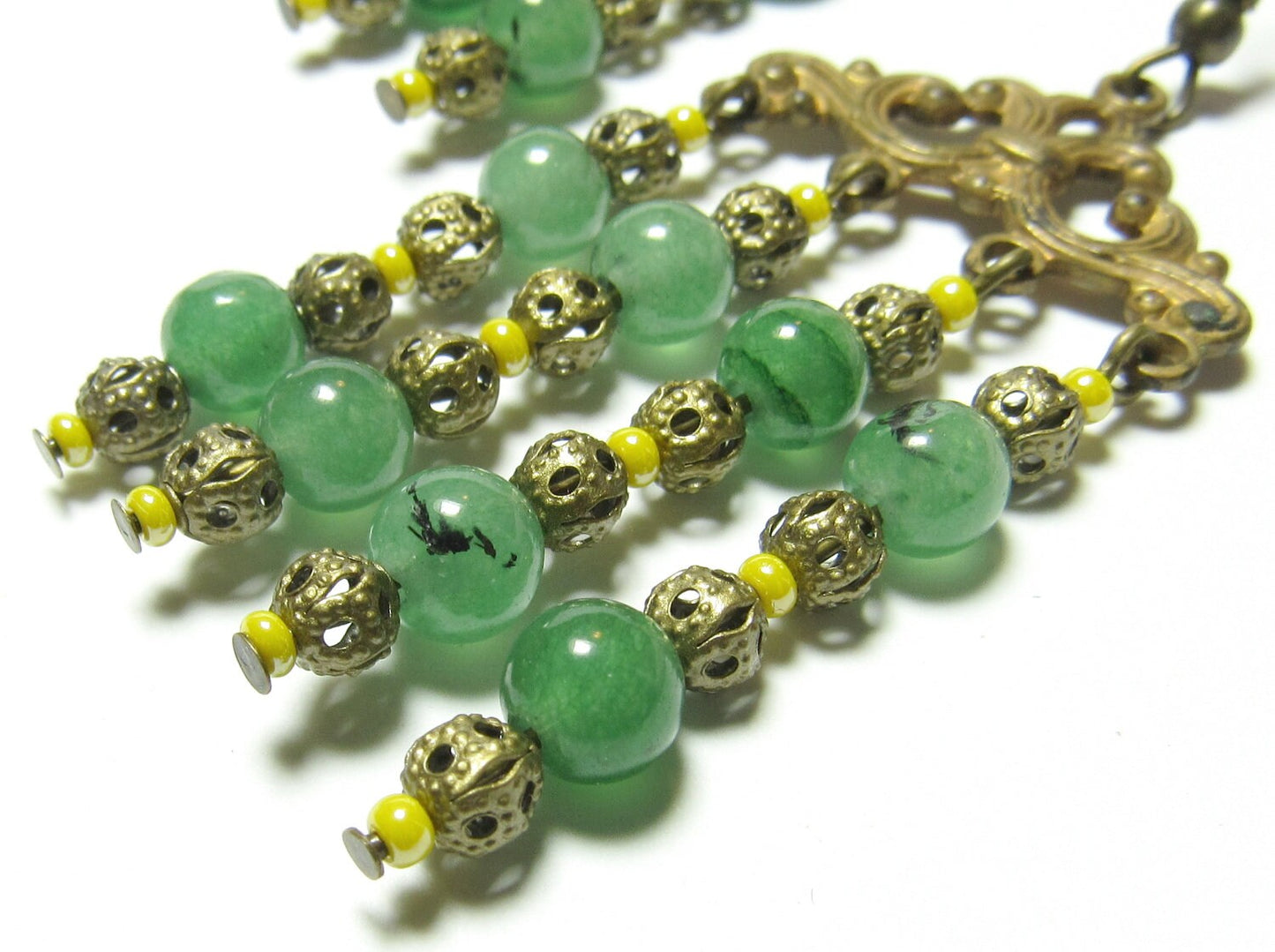OOAK Vintage Brass Filigree, Green Aventurine & Czech Glass Earrings