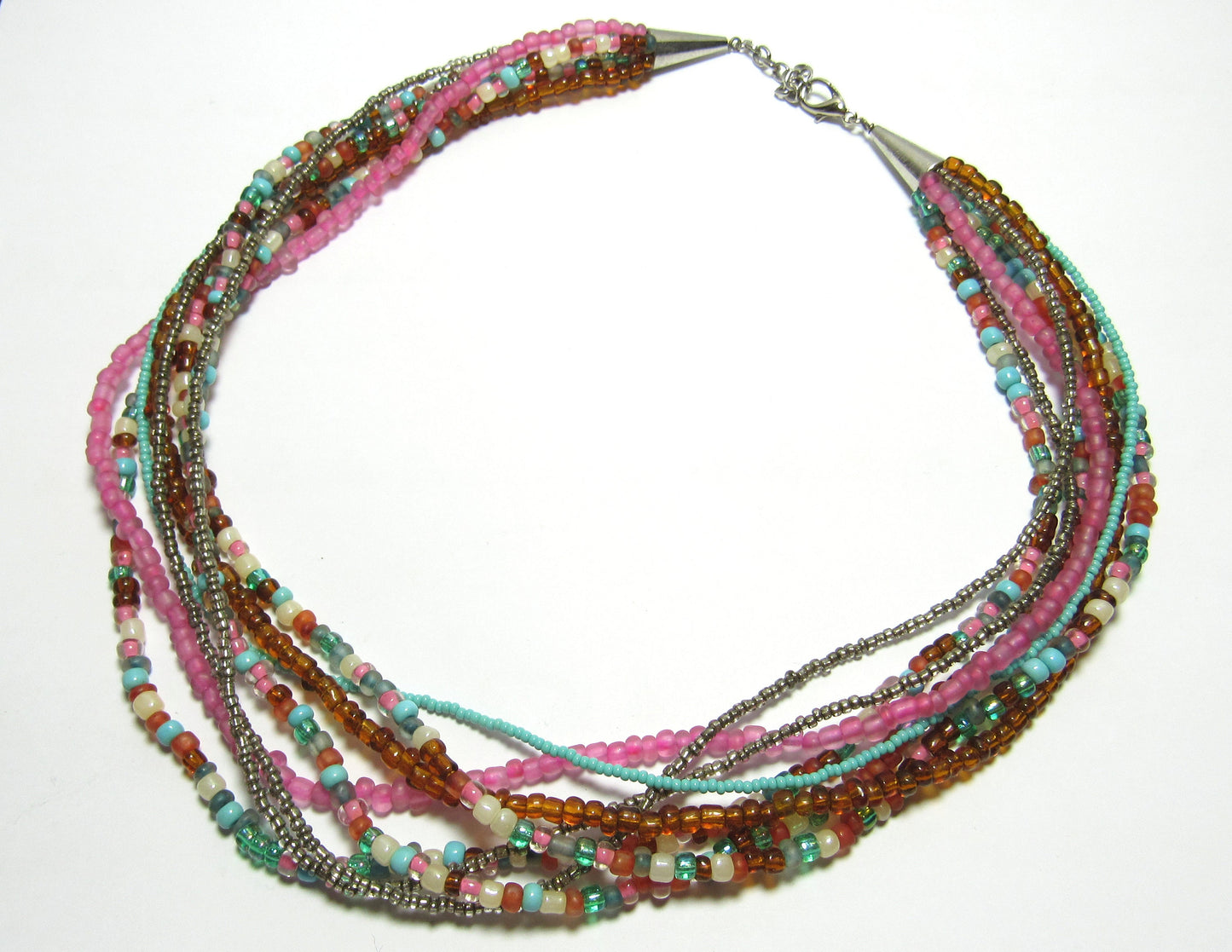OOAK Pink, Turquoise and Brown Czech Glass Multi Strand Necklace