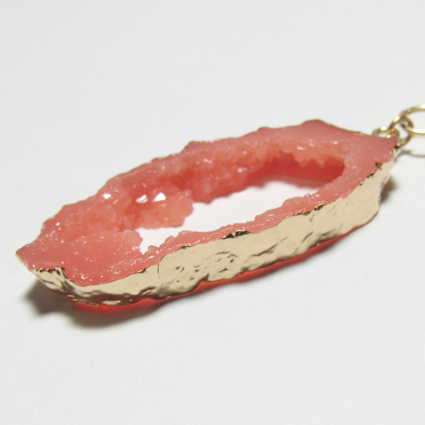 Coral Resin Geode, Czech Glass Pearl and Gold Chain Necklace
