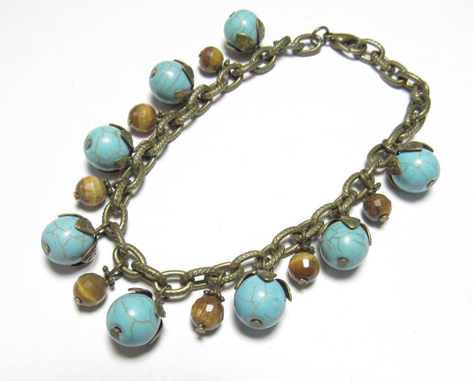 OOAK Tigerseye, Turquoise Howlite and Antiqued Brass Bracelet
