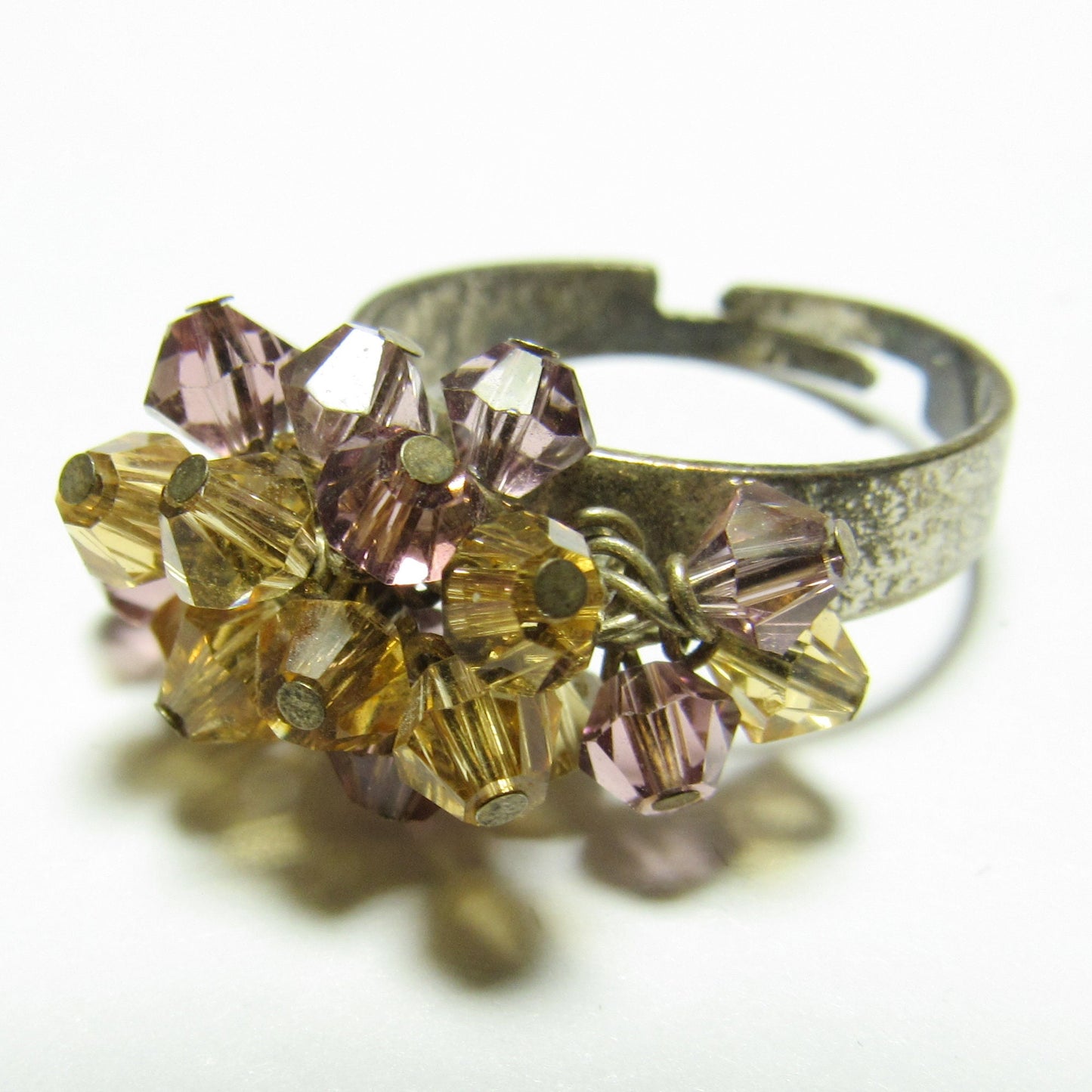 OOAK Yellow and Purple Crystal Antiqued Silver Adjustable Ring