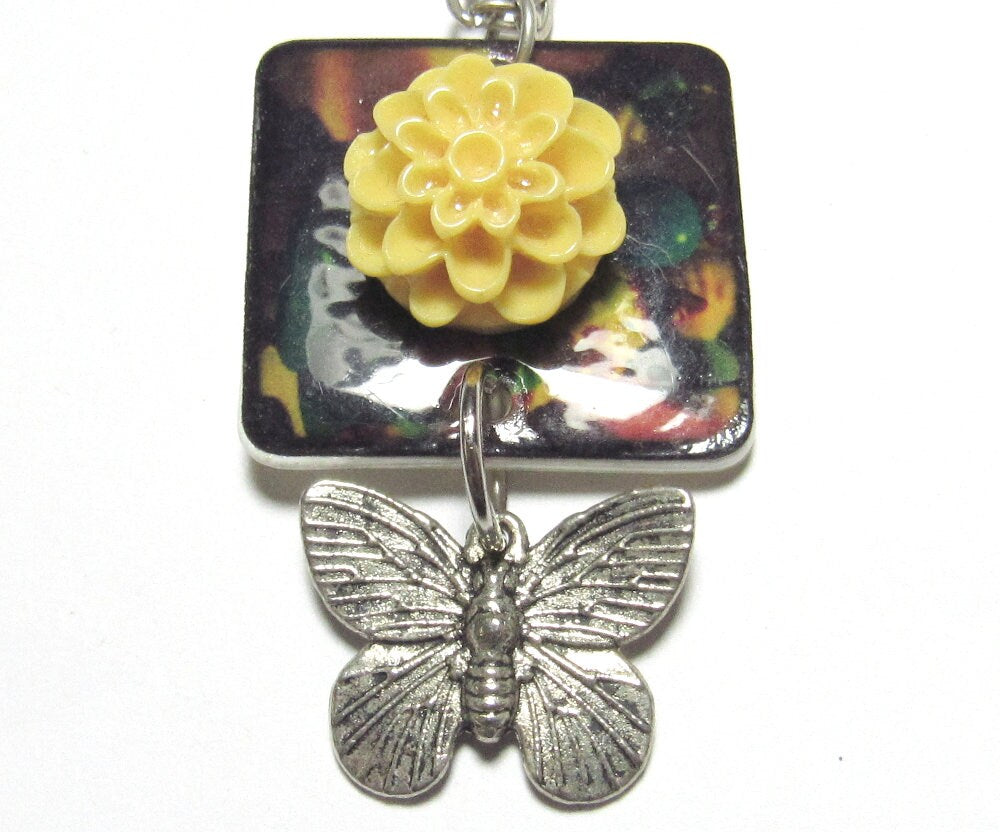 OOAK Yellow Mum and Silver Butterfly Geometric Necklace