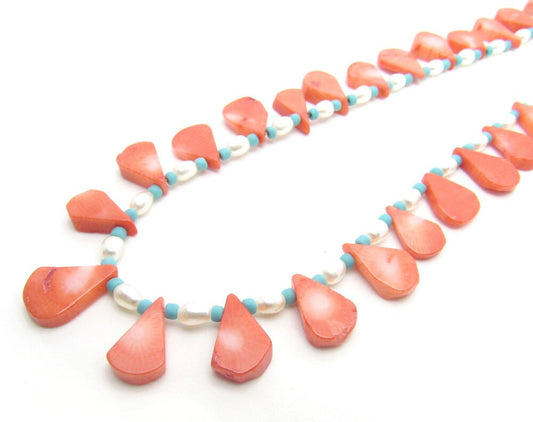 OOAK Coral Teardrop, Cultured Freshwater Pearl and Turquoise Glass Necklace