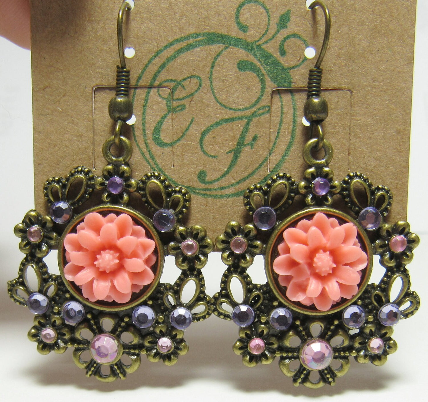 OOAK Pink Mum with Rhinestones and Antiqued Brass Filigree Earrings