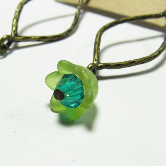 OOAK Lime Flower & Teal Crystal Stamped Brass Floral Earrings