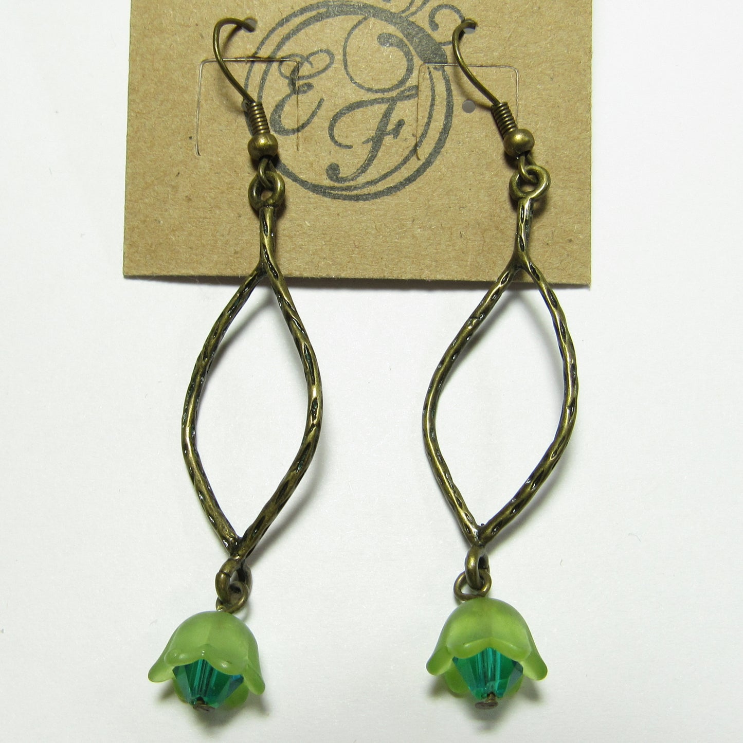 OOAK Lime Flower & Teal Crystal Stamped Brass Floral Earrings