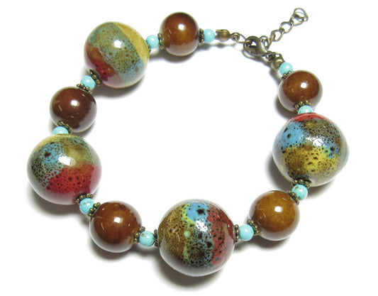 OOAK Multicolor Ceramic, Turquoise, & Antiqued Brass Bracelet
