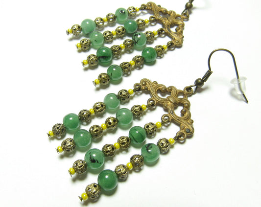 OOAK Vintage Brass Filigree, Green Aventurine & Czech Glass Earrings