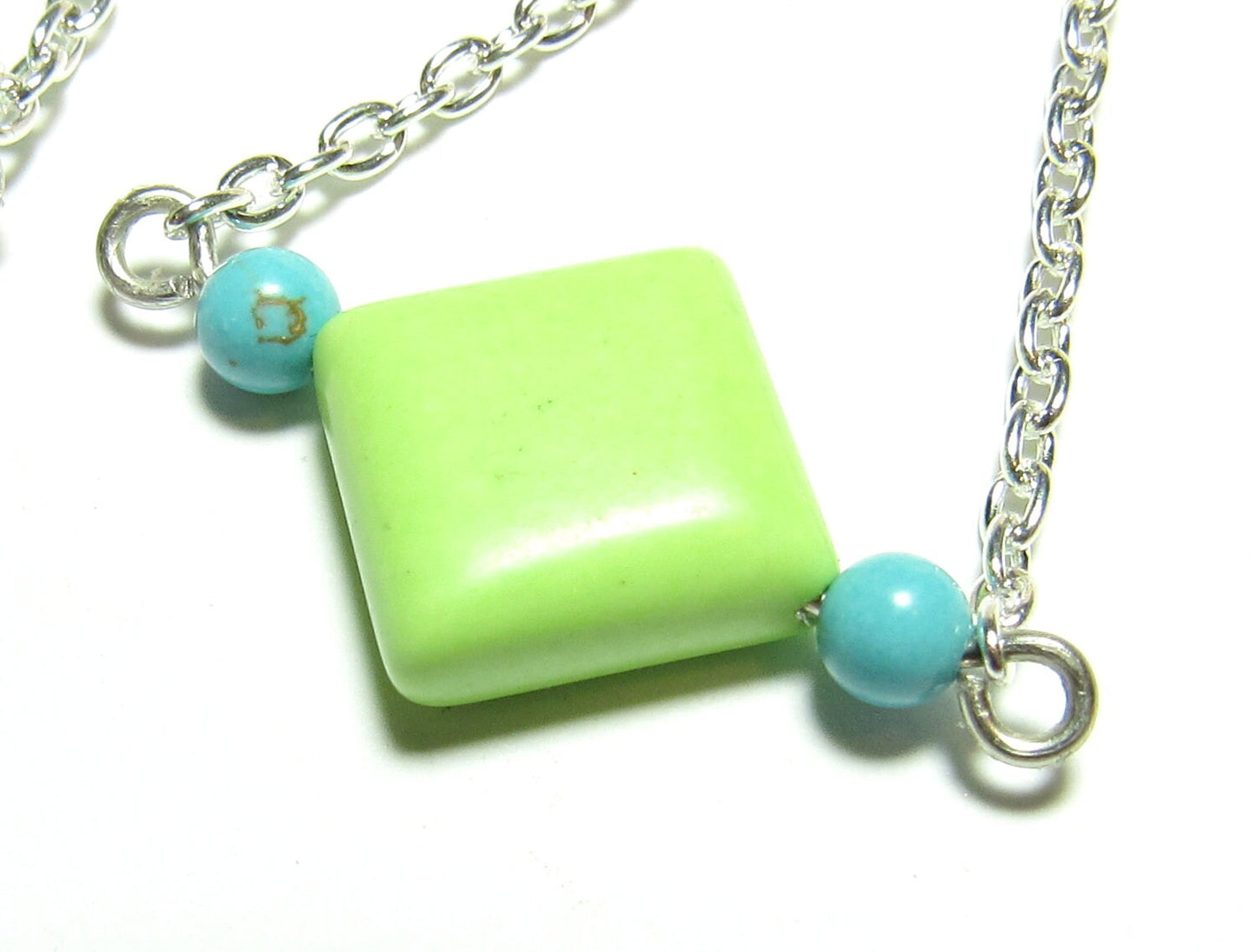 OOAK Apple Green and Blue Turquoise, Silver Chain Geometric Earrings