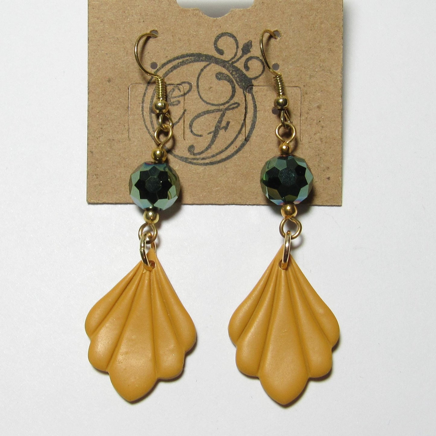 OOAK Yellow Clay and Metallic Green Glass Art Deco Earrings