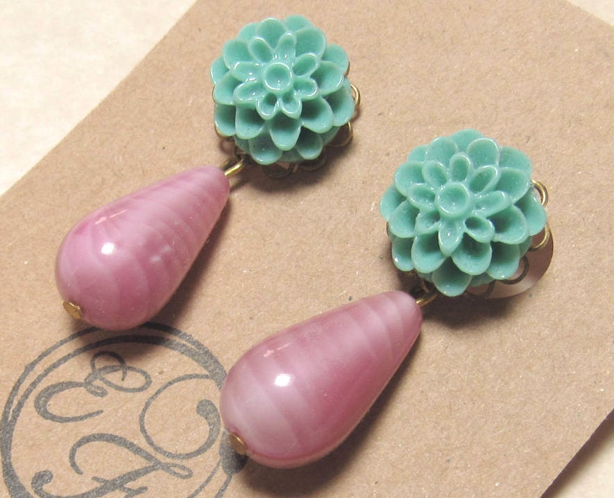 OOAK Teal Mum, Gold and Pink Glass Drop Earrings