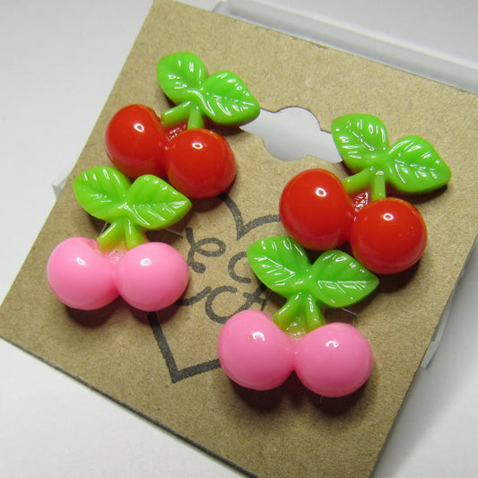 Pink and Red Cherry Stud Earrings Set