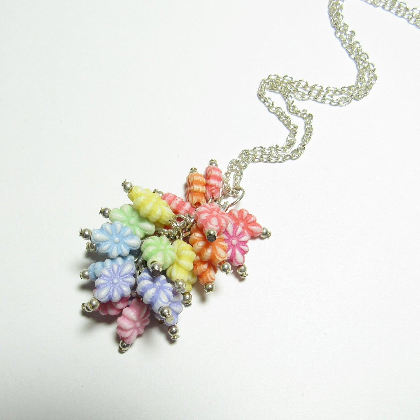 Floral Rainbow Cluster Silver Chain Necklace