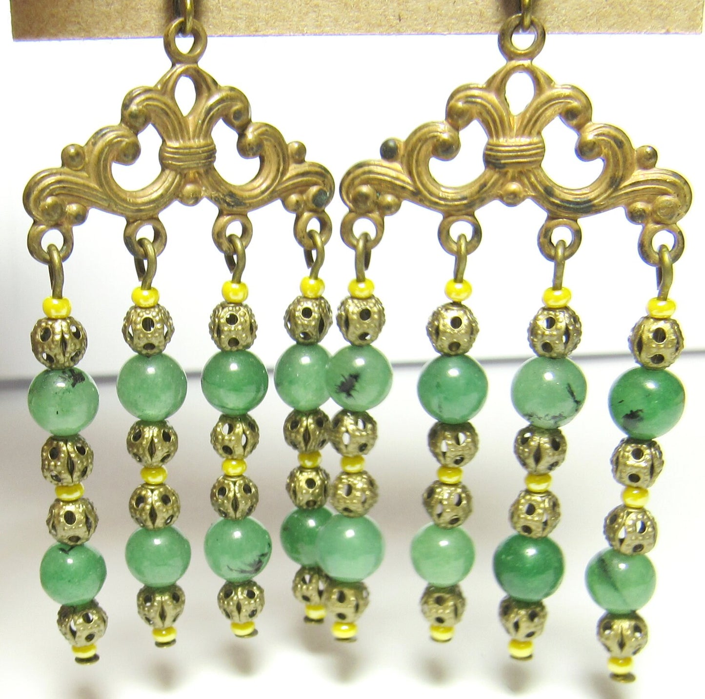 OOAK Vintage Brass Filigree, Green Aventurine & Czech Glass Earrings