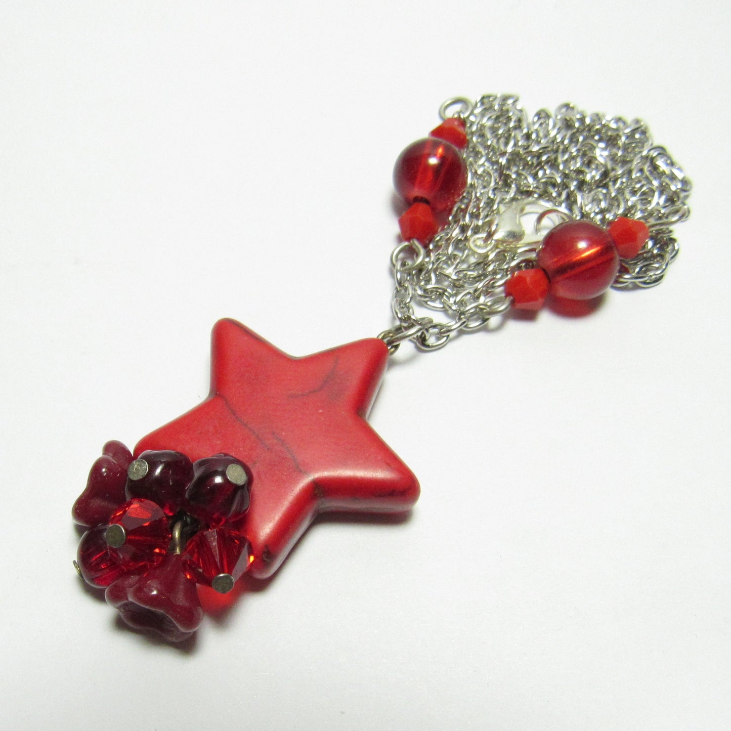 OOAK Red Howlite Star, Czech Glass Flower and Crystal Chain Necklace