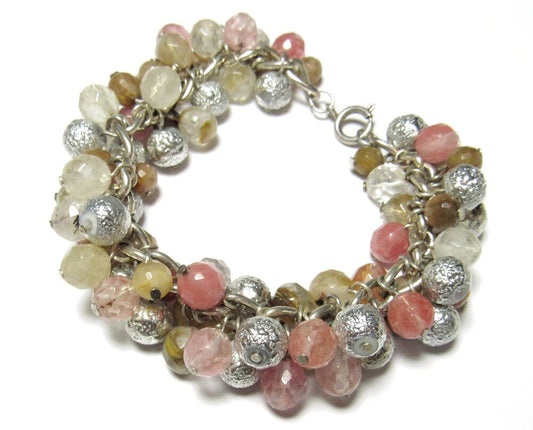 OOAK Cherry Quartz, Tigerseye and Bumpy Silver Czech Glass Cluster Bracelet