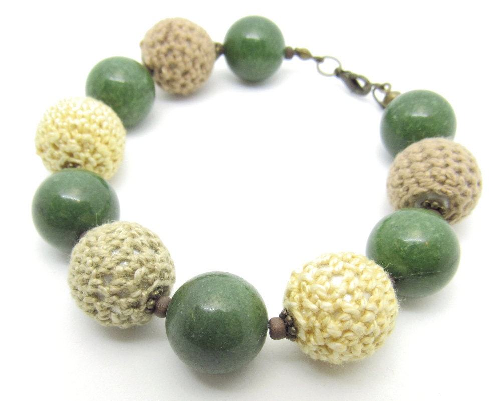OOAK Crocheted Round, Green Marble and Czech Glass Bracelet